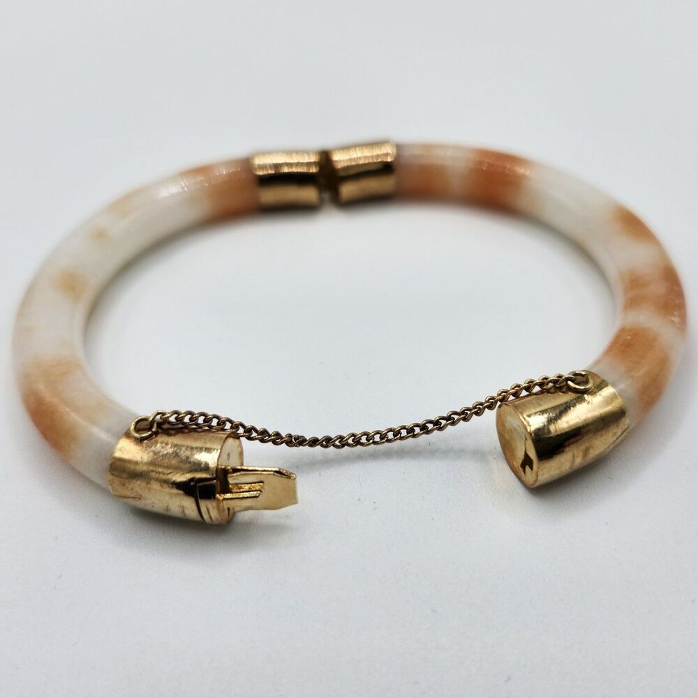 White And Honeytone Faux Jade Hinged Bangle w/ Goldtone Accents